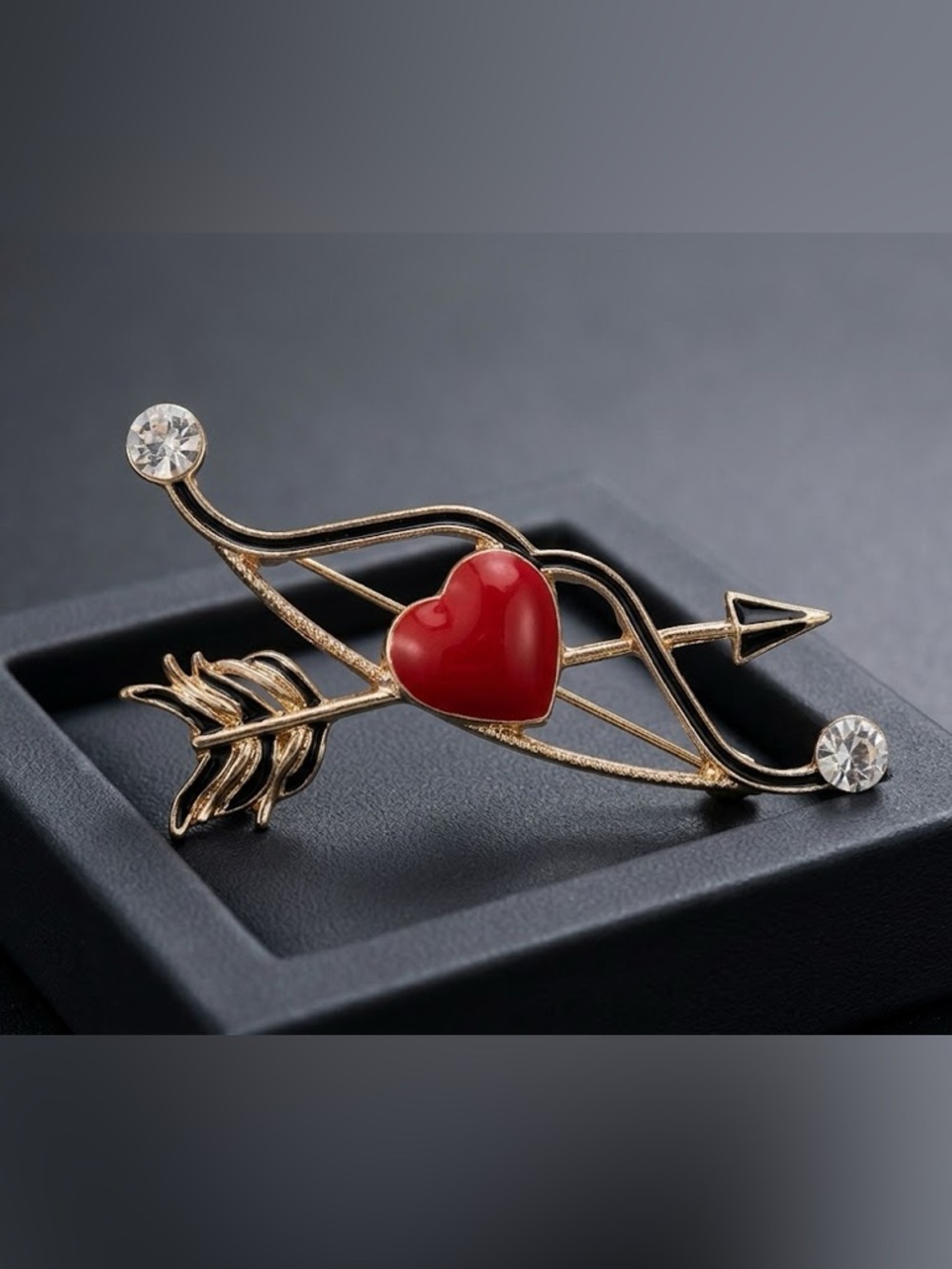 Gold-Tone Arrow Heart Brooch Pin with Red Enamel Heart
